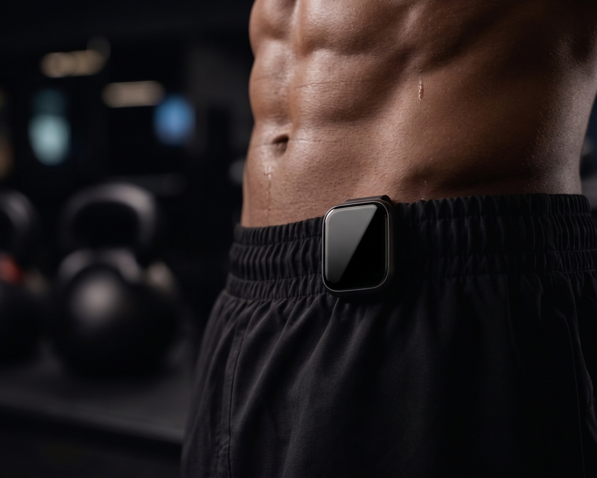 The BIT clipped to a waistband showing a bench press set on its screen